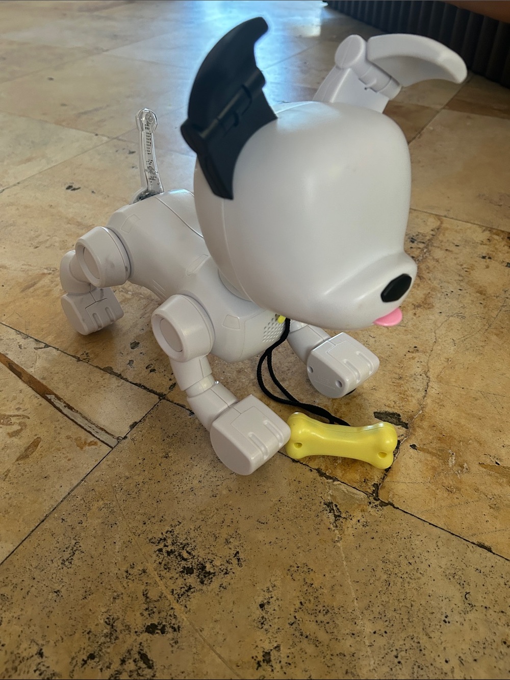 Kids White & Black Robot Puppy Toy with Yellow Bone